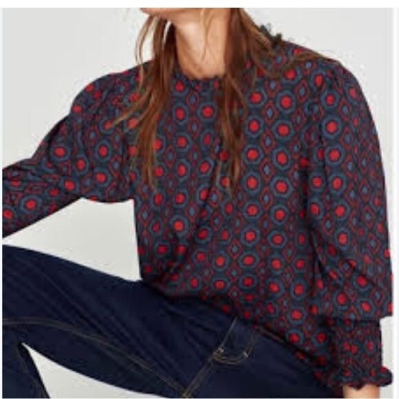 Zara Women Blue Red Triangles Cinched Sleeve Waist Extra Large - Picture 1 of 16